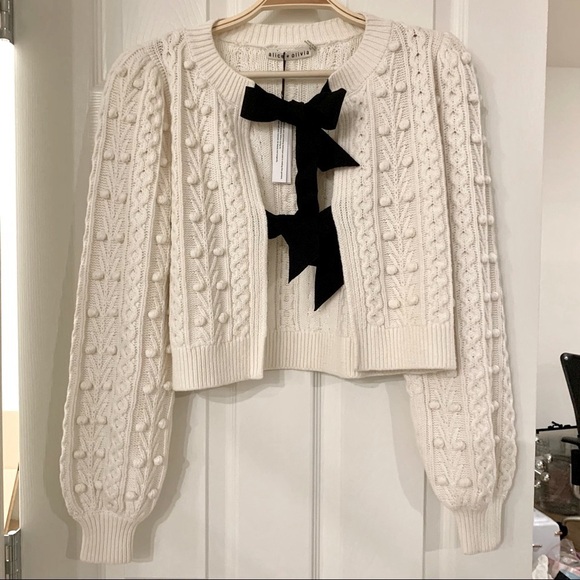 🖤 Alice & Olivia Off-White Puff-Sleeve Kitty Bauble Cable Knit Sweater Cardigan - Picture 8 of 15